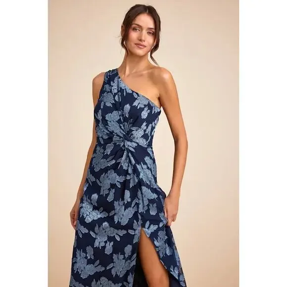 Lulus One Shoulder Floral Jacquard Maxi Dress Medium Navy Blue Wedding Guest - Picture 2 of 12